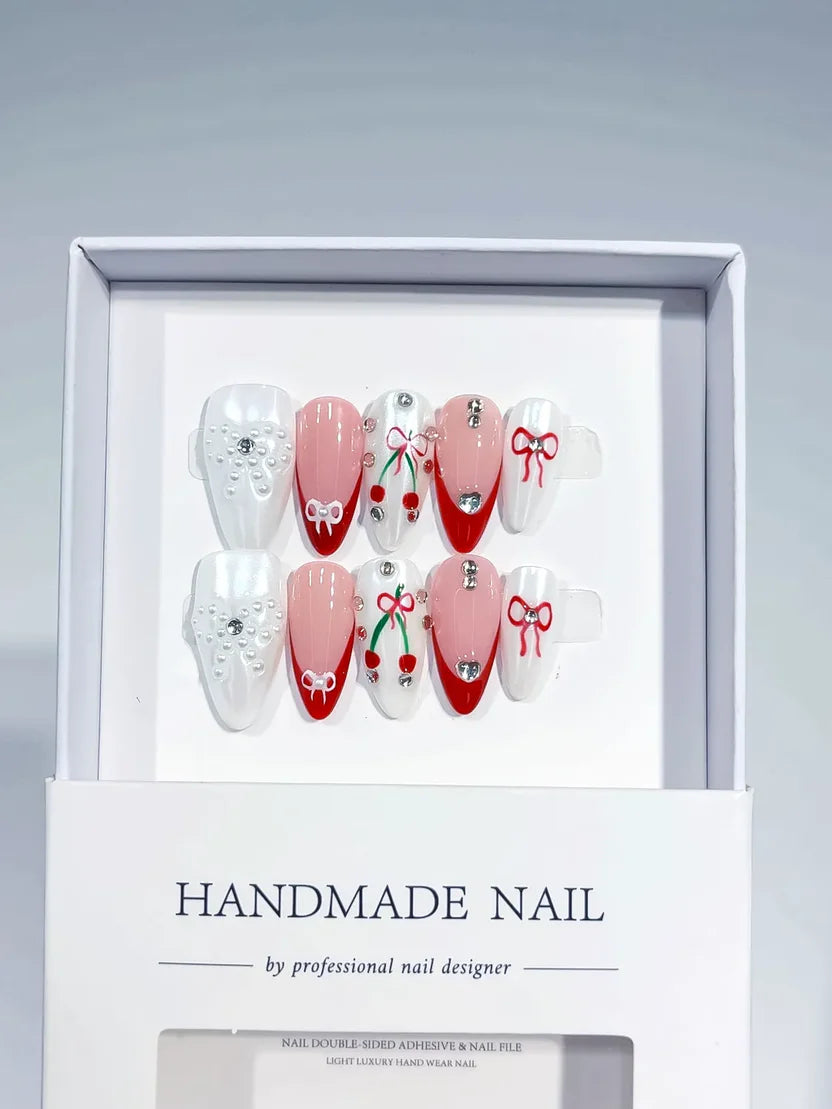 Medium White Red Almond French tip Bow Cherry