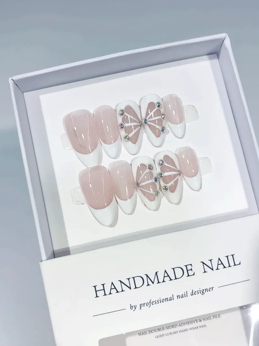 Medium Nude White Almond French Tip Floral Petal & Rhinestones