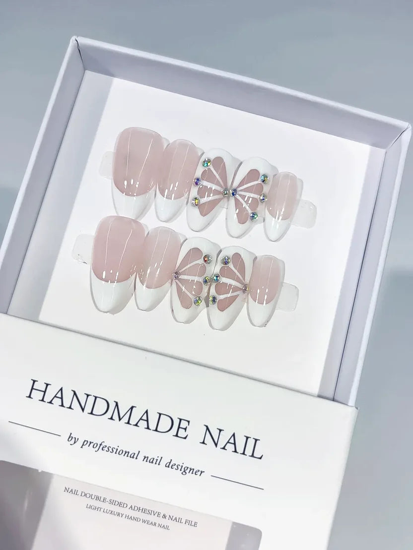 Medium Nude White Almond French Tip Floral Petal & Rhinestones
