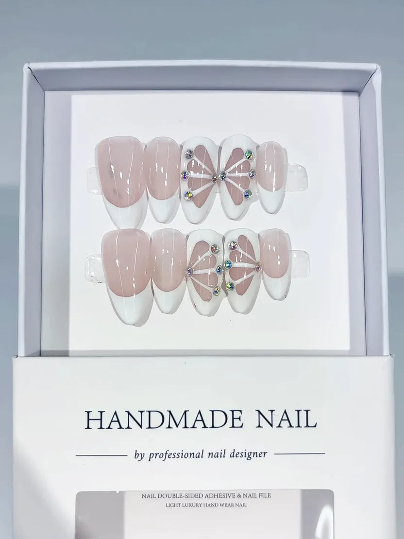 Medium Nude White Almond French Tip Floral Petal & Rhinestones