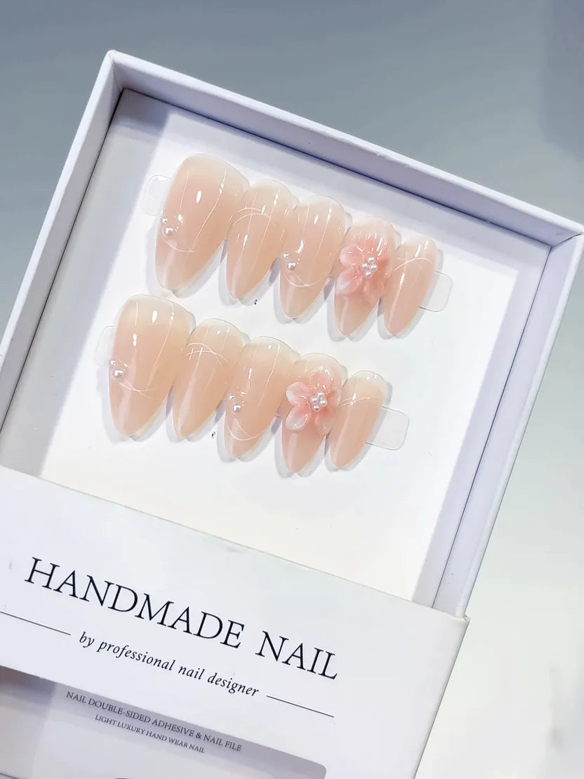 Medium Nude Almond 3D Pink Flower & Faux Pearls