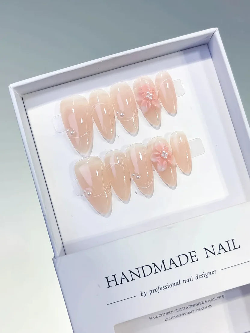 Medium Nude Almond 3D Pink Flower & Faux Pearls
