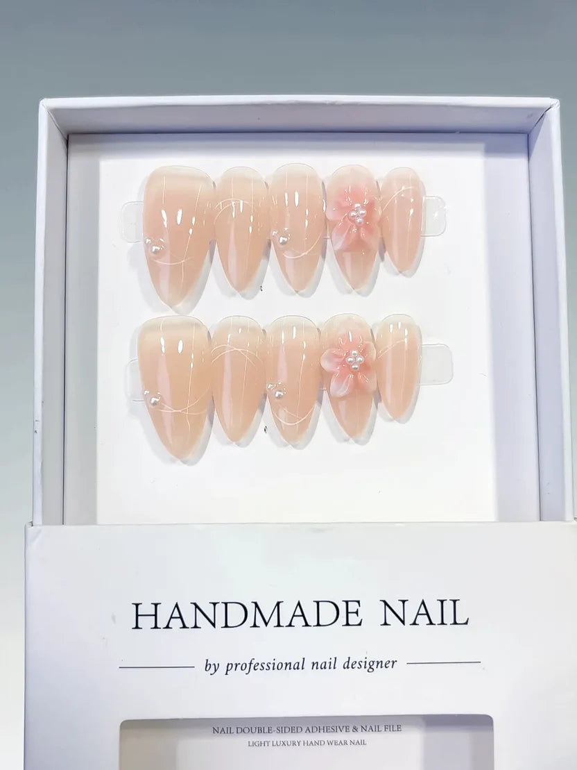 Medium Nude Almond 3D Pink Flower & Faux Pearls