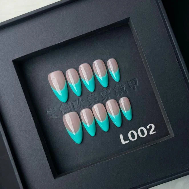 Lets Get Loud! Teal Blue French Tip Medium Almond Nails L002