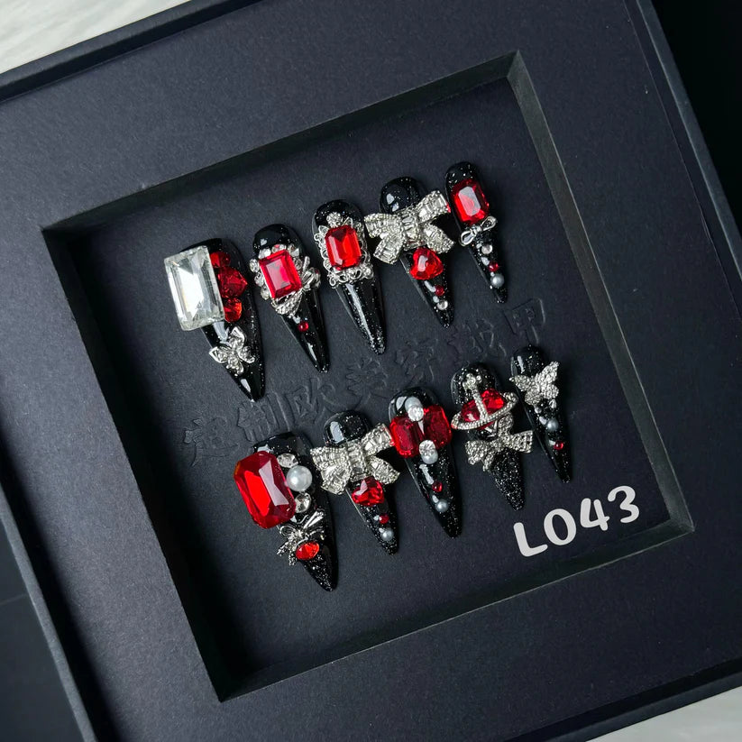 Galactic Space Black With Red & Clear Gems Long Almond Nails L043