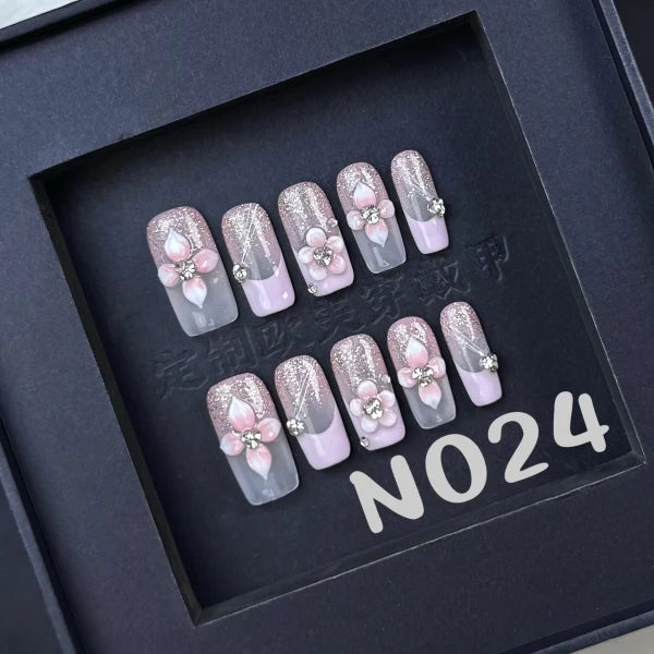 Sparkle 3D Flower Pink Ombre Medium Square Nails N024