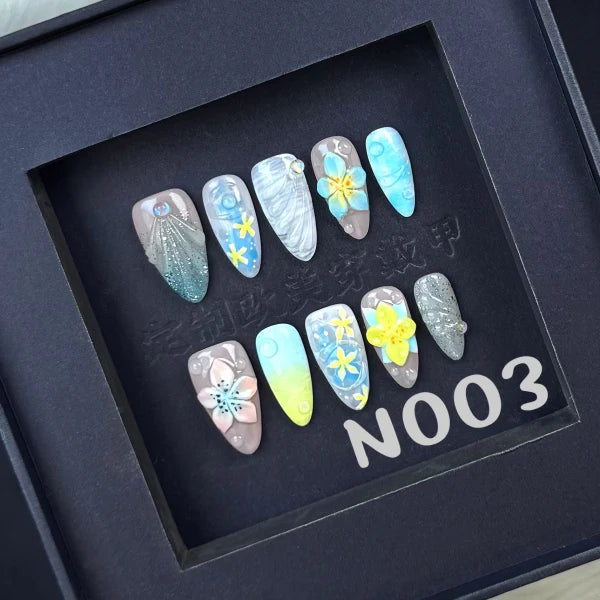 Aquatic Blue 3D Flower Medium Almond Nails N003