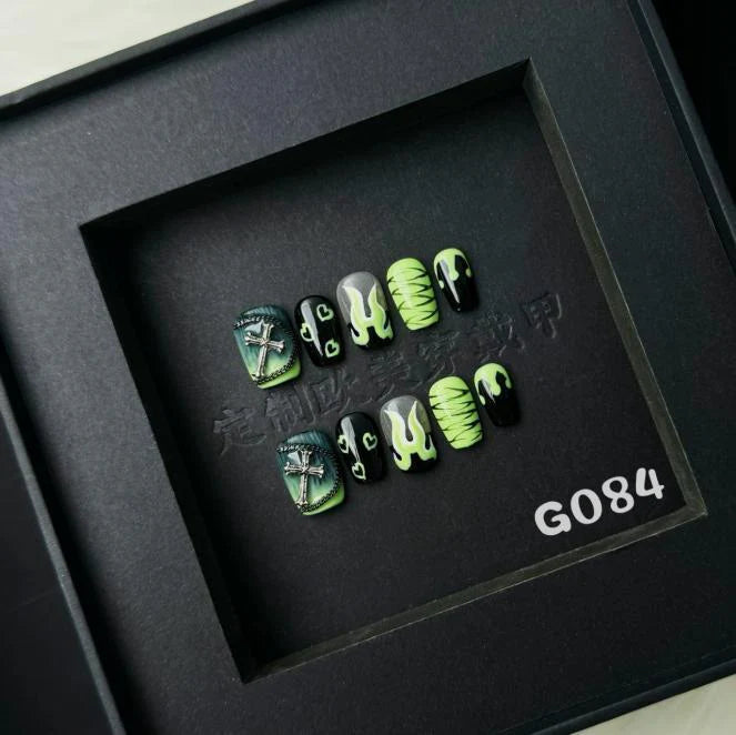 Neon Green Gothic Cross Short Coffin Nails G084