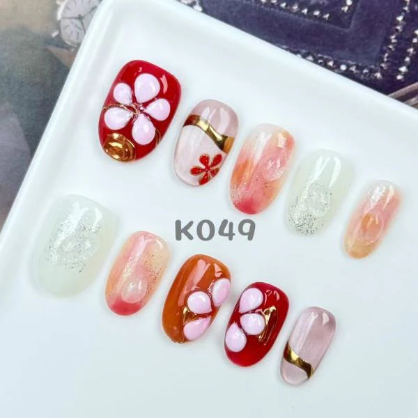 Red Sunset 3D Floral Flower Short Oval Nails K049