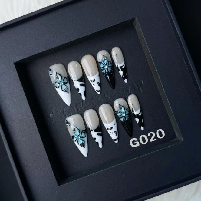 Abstract French Hand Painted Long Almond Nails G020