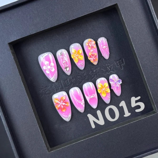 Aura Hibiscus Pink 3D Flower Medium Almond Nails N015