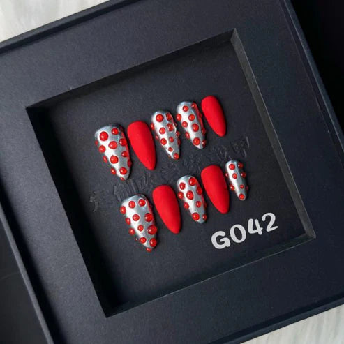 3D Bubble Matte Red & Chromatic Silver Almond Nails G042